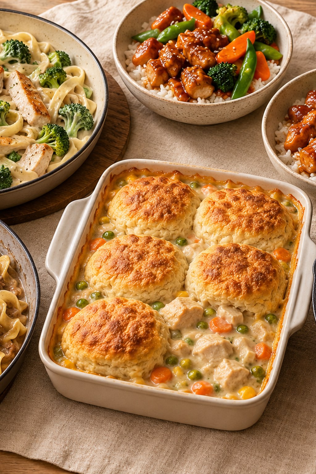 The five Aldi dinners on one table: chicken Alfredo with broccoli, teriyaki chicken rice bowls, beef stroganoff, chicken pot pie bake with biscuits and cheesy beef macaroni