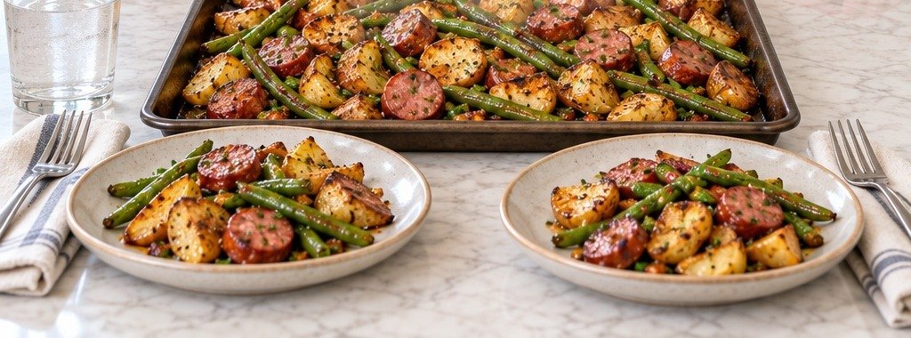 Sausage, potato and green bean sheet pan