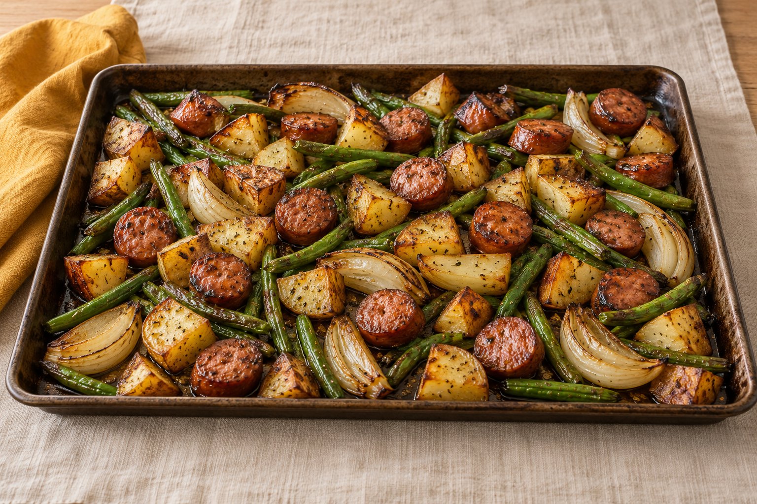 Sausage, potato and green bean sheet pan