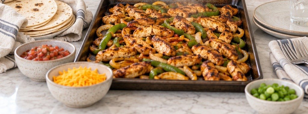 Sheet-pan chicken fajitas with flour tortillas, salsa and cheese