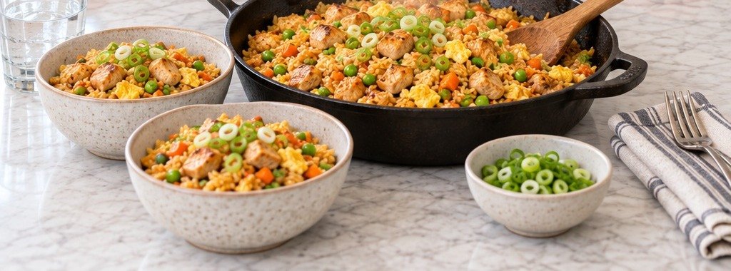Chicken fried rice in a cast-iron skillet with peas, carrots and egg