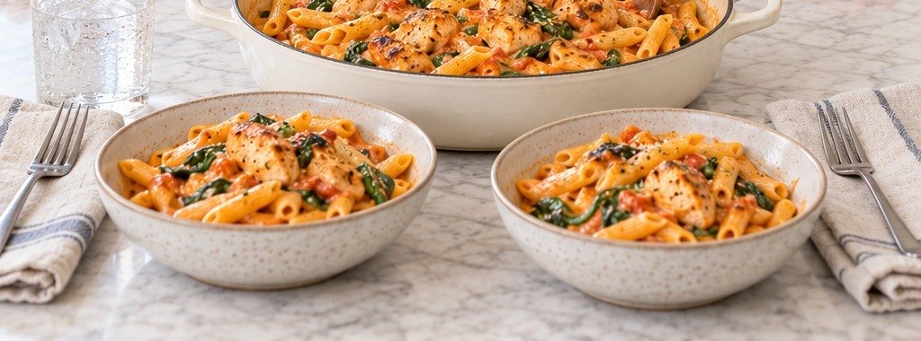 One-pot creamy tomato pasta with chicken and spinach