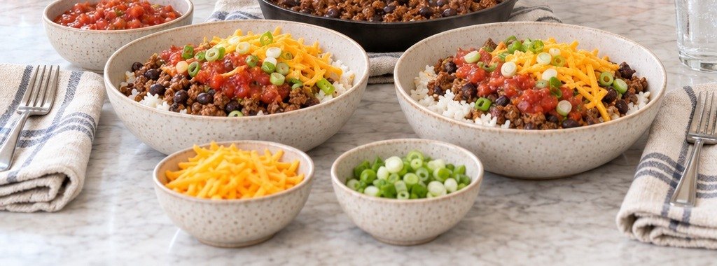 Beef and black bean burrito bowls over rice with cheese and salsa