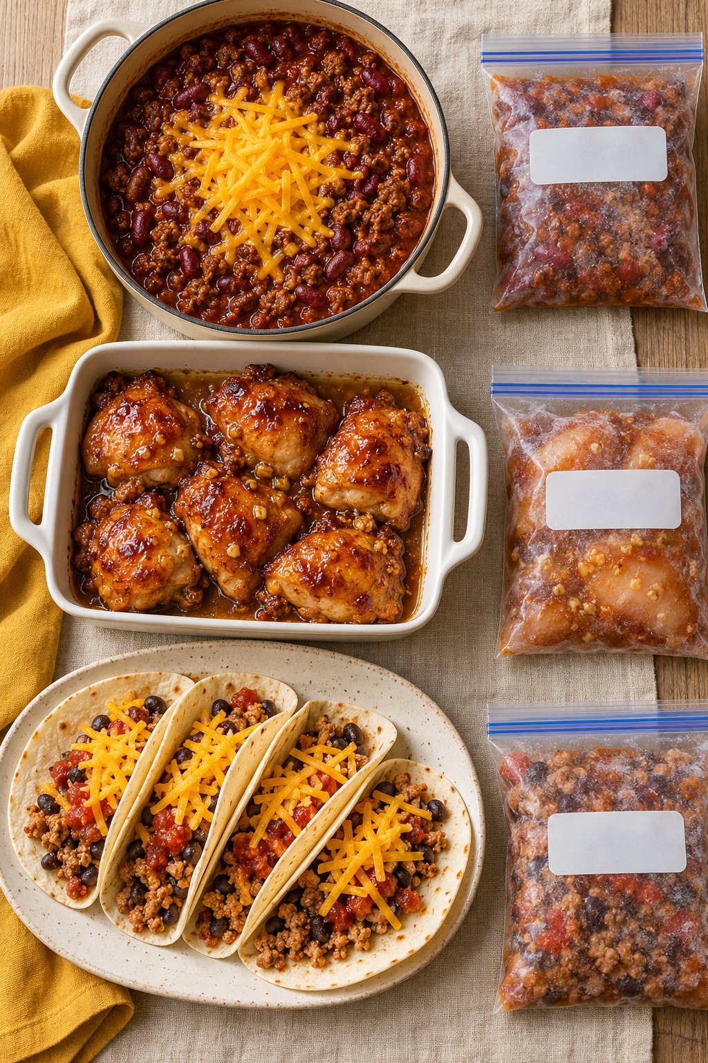 Beef and bean chili, honey-garlic chicken thighs and beef tacos, with flat frozen bags of each beside them