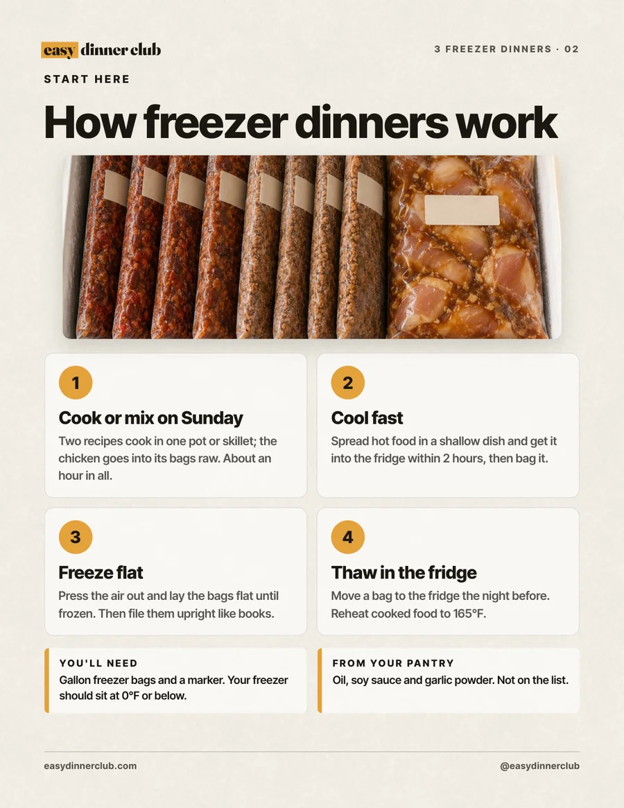 How freezer dinners work: cook, cool fast, freeze flat, thaw in the fridge