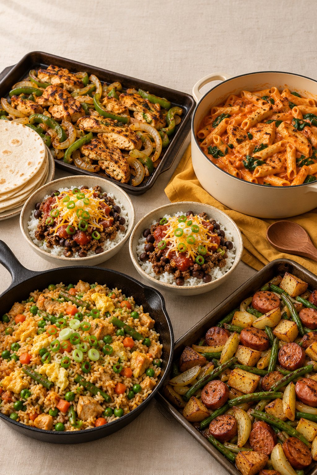 The five dinners of the $50 Week on one table: chicken fajitas, creamy tomato pasta, burrito bowls, chicken fried rice and a sausage and potato sheet pan