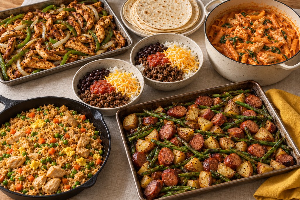 Week 1 dinners: chicken fajitas, creamy tomato pasta, burrito bowls, chicken fried rice and a sausage and potato sheet pan