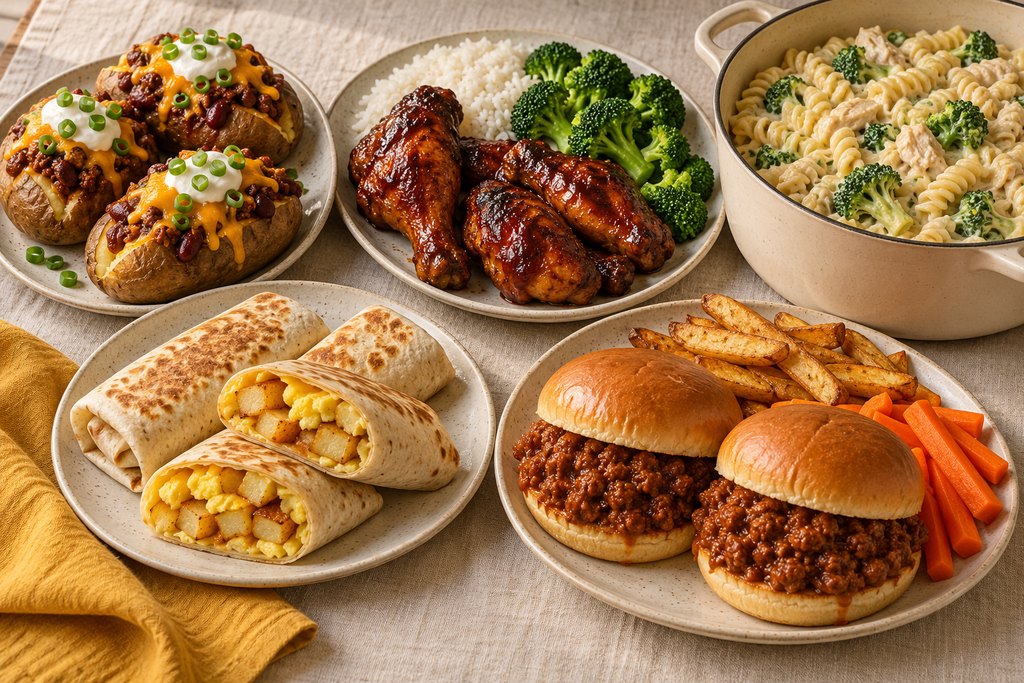 Week 2 dinners: chili baked potatoes, BBQ drumsticks with rice and broccoli, creamy chicken rotini, breakfast burritos and sloppy joes with fries