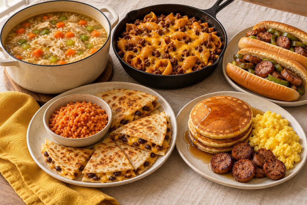 Week 3 dinners: chicken and rice soup, taco pasta, sausage and pepper subs, quesadillas with Mexican rice and pancakes with eggs and sausage