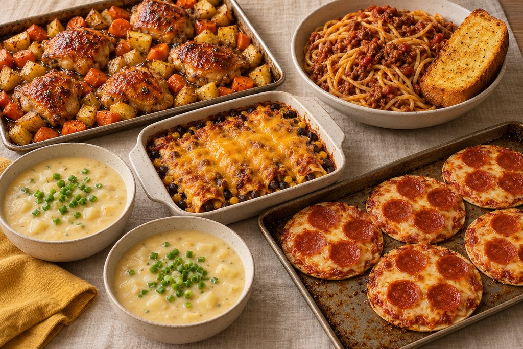 Week 4 dinners: honey-garlic chicken sheet pan, spaghetti with meat sauce, black bean enchilada bake, cheesy potato soup and tortilla pizzas