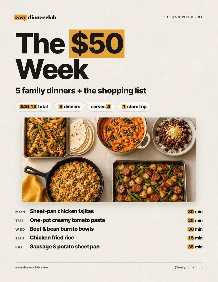 Page 1: The $50 Week cover with the five dinners