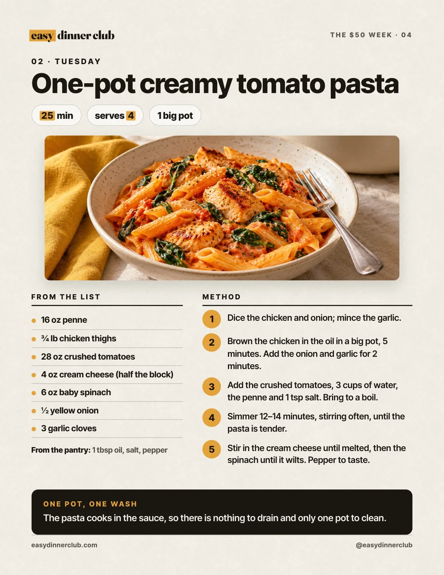 Page 4: Tuesday, one-pot creamy tomato pasta