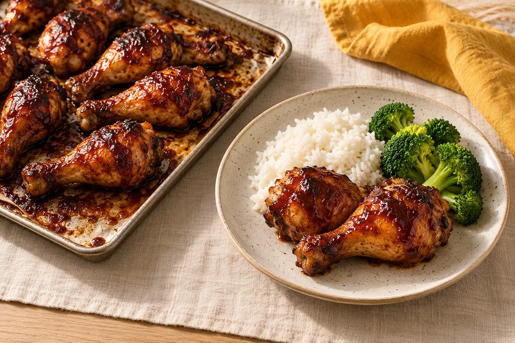 BBQ drumsticks, rice & broccoli