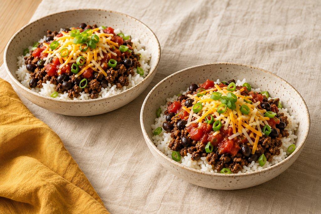 Beef & bean burrito bowls, ready to serve