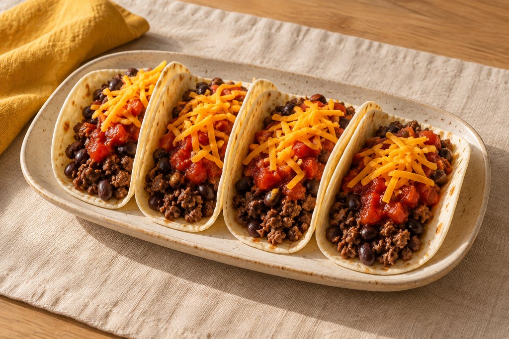 Beef & black bean tacos, ready to serve