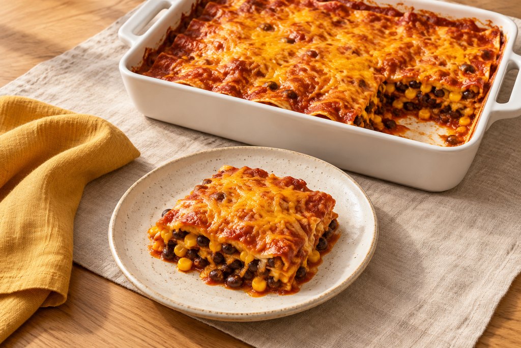 Black bean & corn enchilada bake, ready to serve