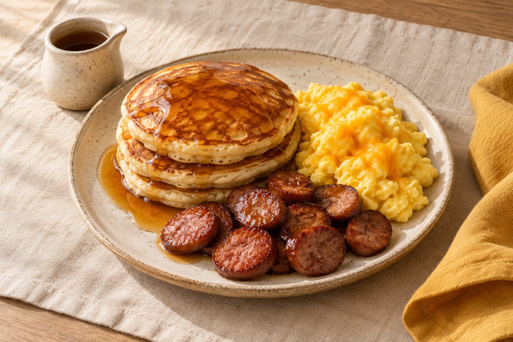 Pancakes, eggs & sausage, ready to serve