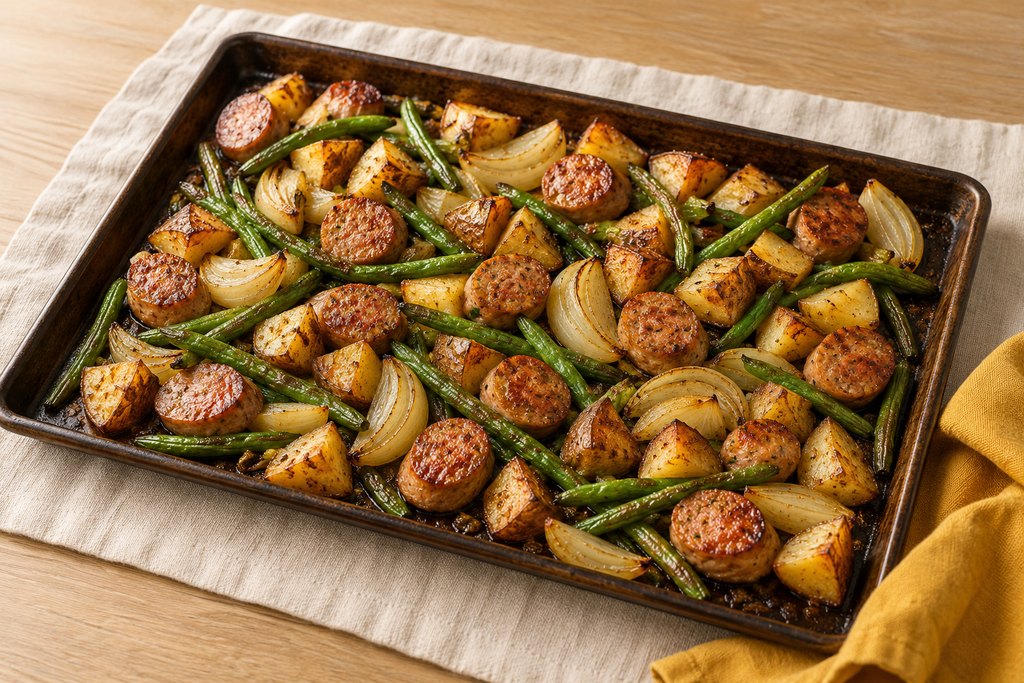 Sausage & potato sheet pan, ready to serve