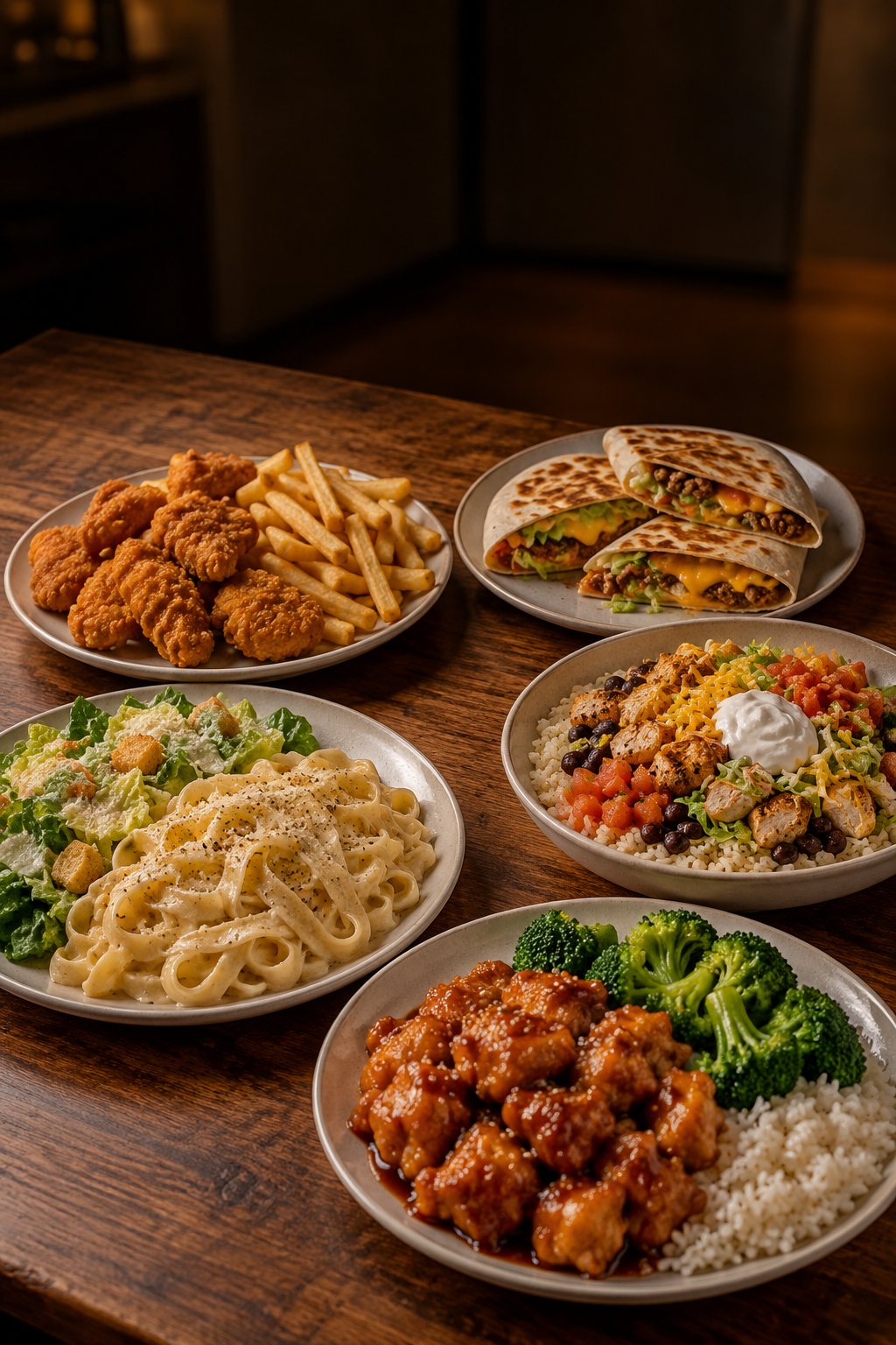 Five homemade takeout dinners on one table: nuggets and fries, crunchwraps, a burrito bowl, fettuccine Alfredo with salad and orange chicken with rice