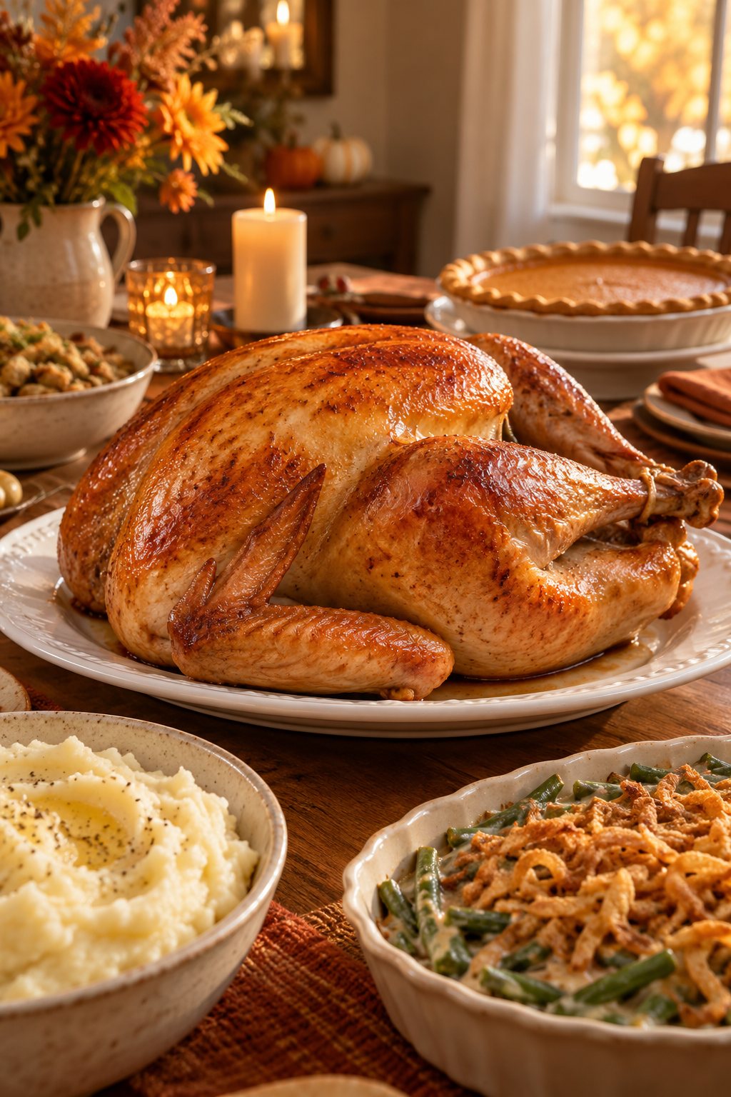 A Thanksgiving table: a whole roast turkey, mashed potatoes, green bean casserole and pumpkin pie