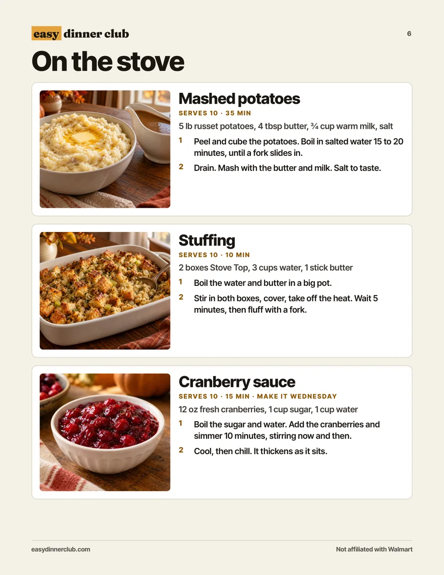 On the stove: mashed potatoes, stuffing, cranberry sauce