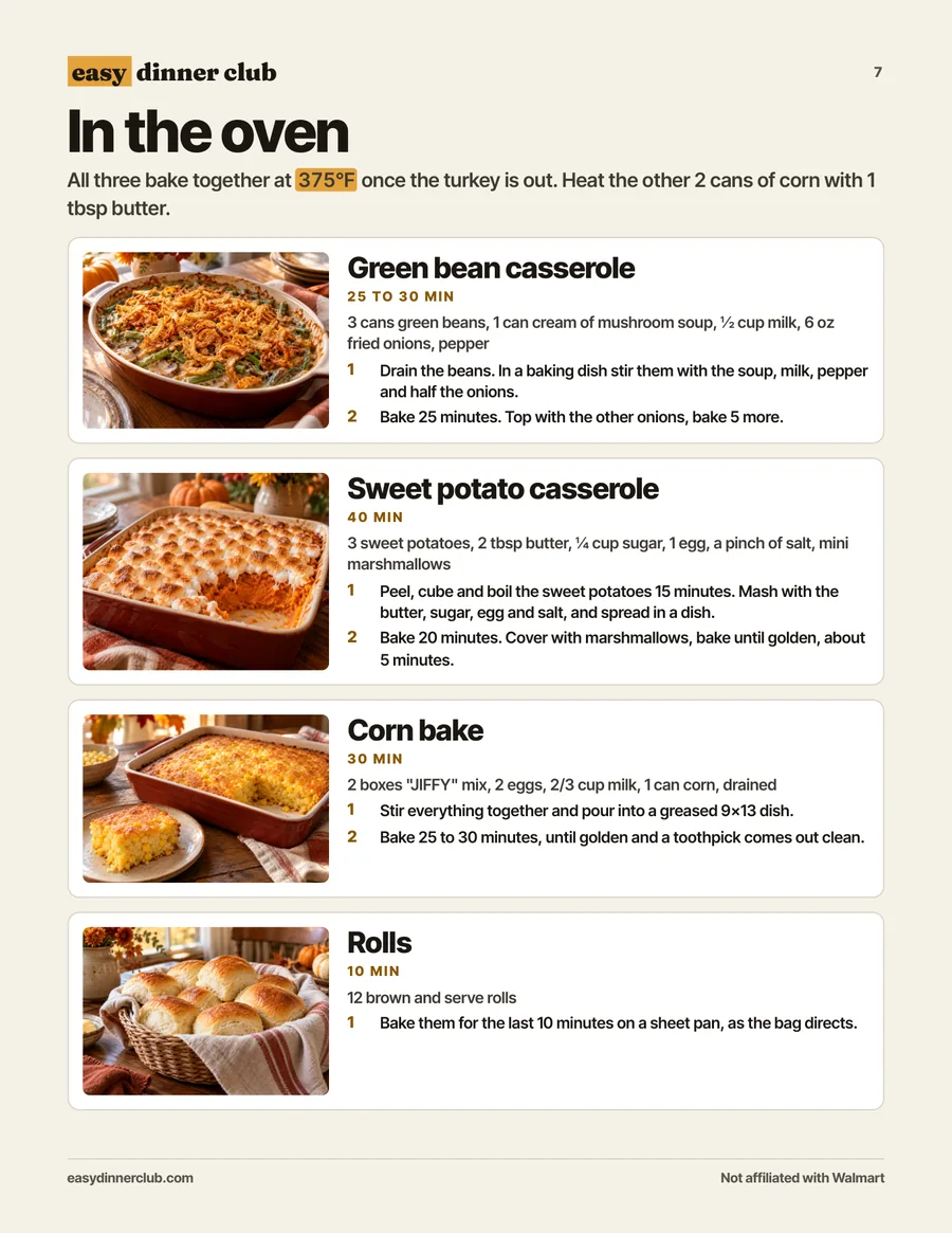 In the oven: green bean casserole, sweet potatoes, corn bake, rolls