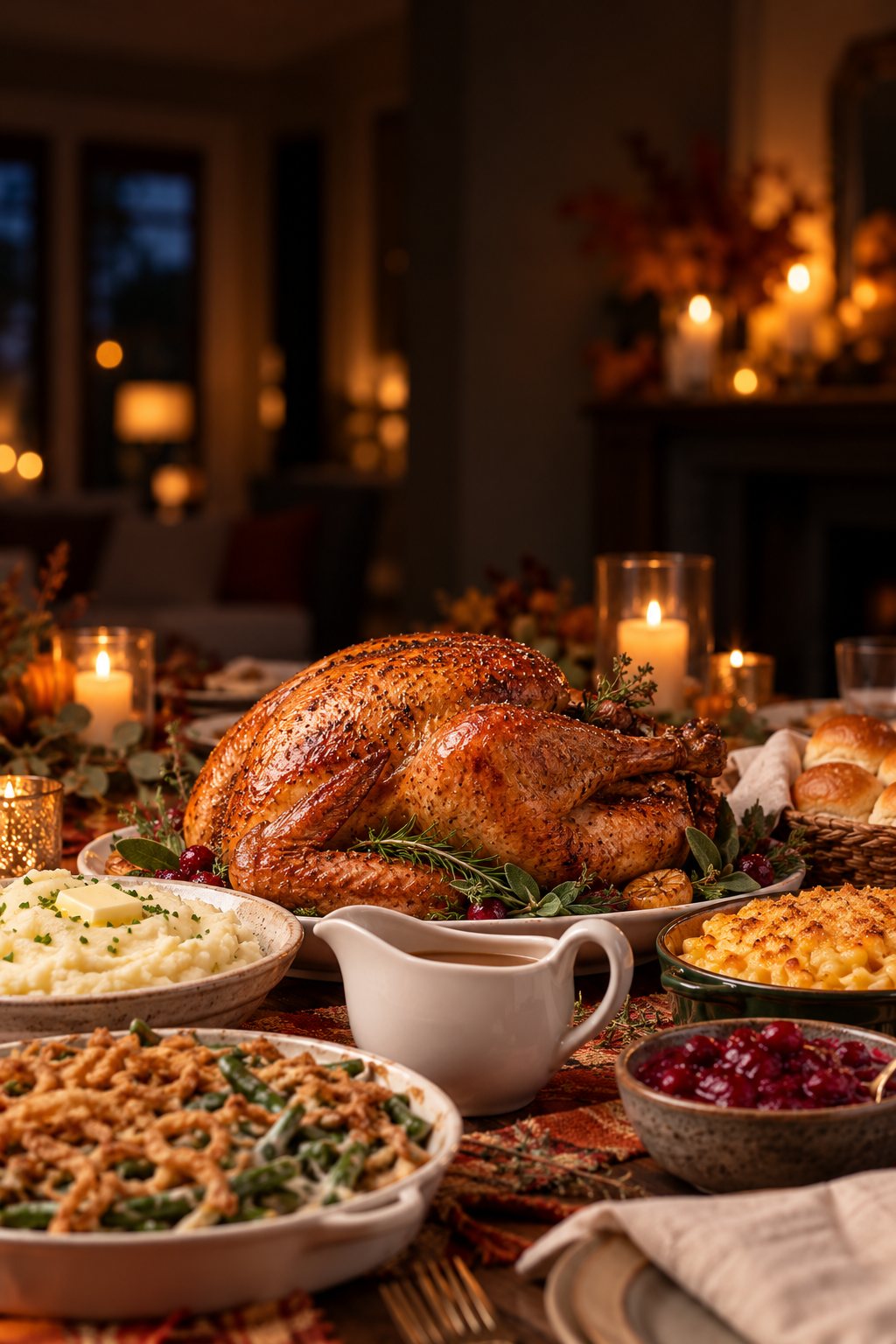 A Thanksgiving table: roast turkey, mashed potatoes, gravy, mac and cheese, green bean casserole and cranberry sauce