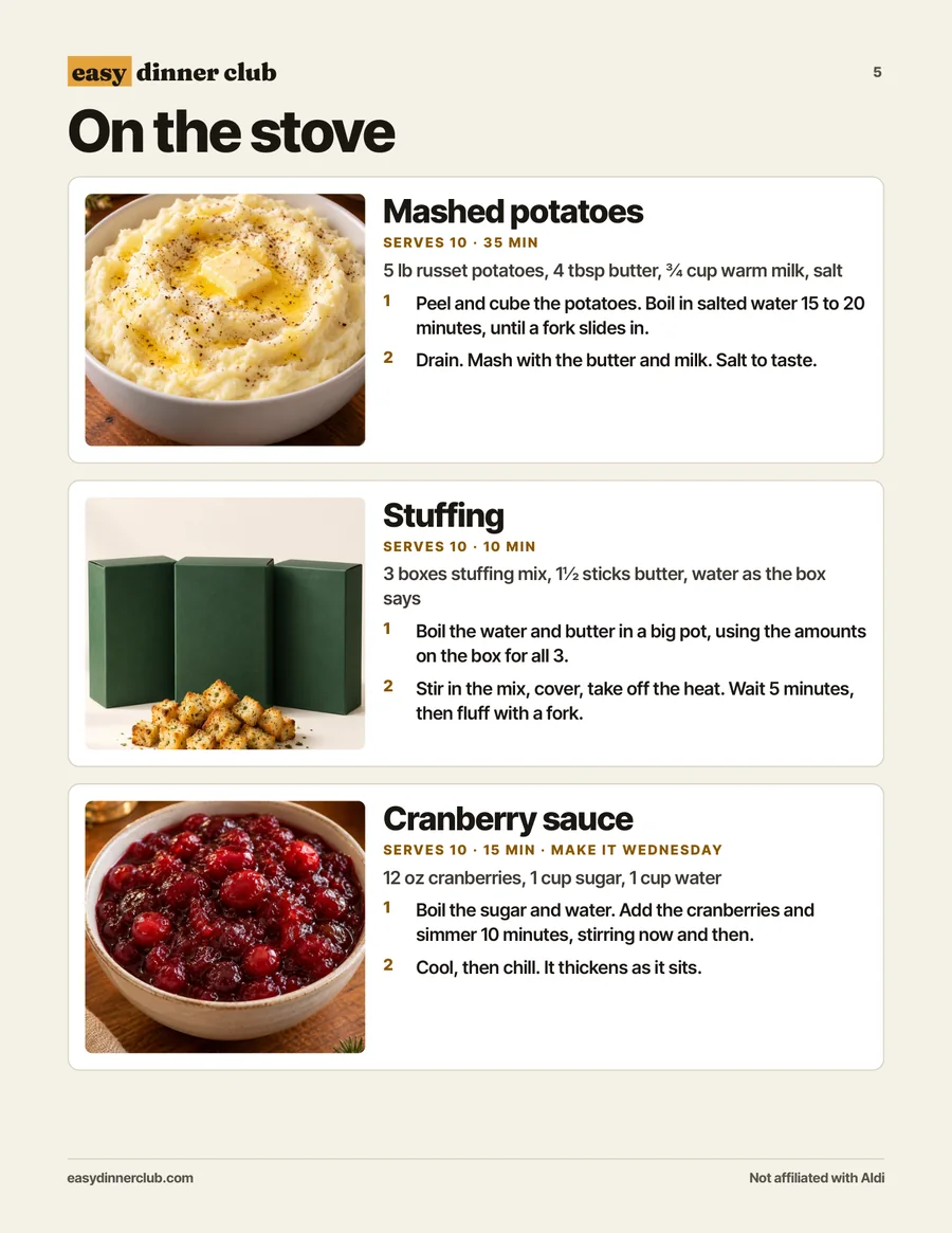 On the stove: mashed potatoes, stuffing, cranberry sauce