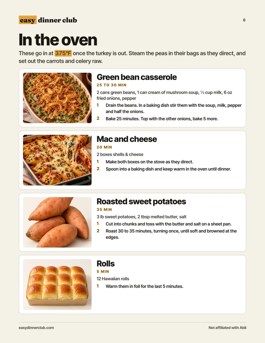 In the oven: green bean casserole, mac and cheese, sweet potatoes, rolls